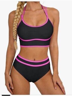 Anrabess Womens Large 2-Piece Color Block Bikini Set Halter High Waist Swimsuit